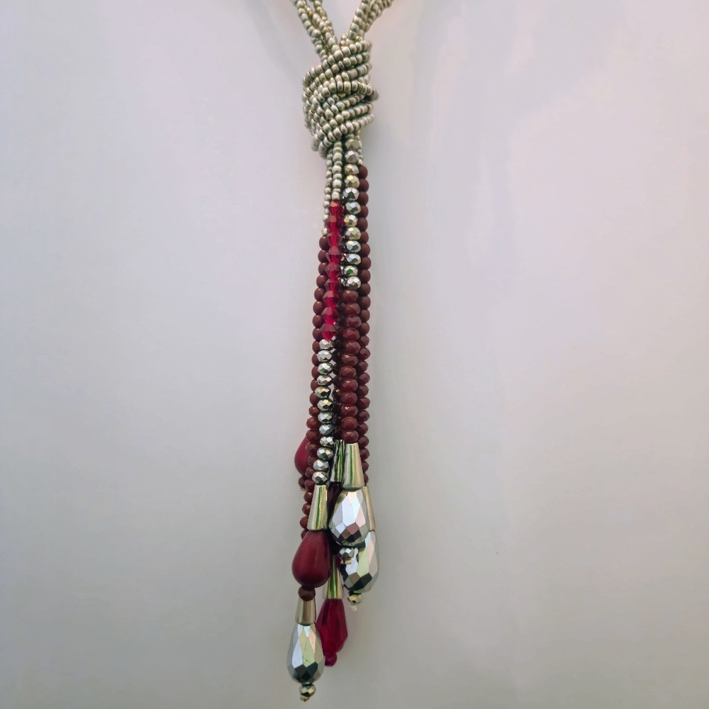 Red and silver slip on rope necklace, approx 44 inches long